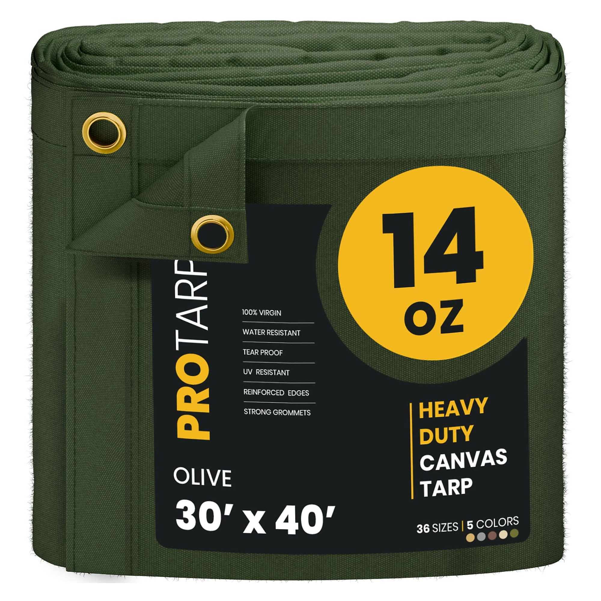 Protarp Heavy-Duty Canvas Tarp — 30ft. x 40ft., 14 Oz., Water-Resistant, UV-Resistant, Rustproof Brass Grommets, Olive, Model# PT-303-30X40